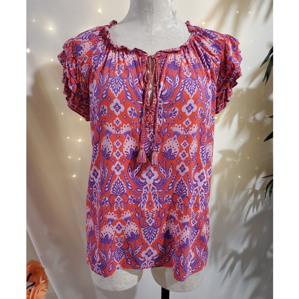 Rose & Olive Womens Tassel Tie Neck Ruffle Paisley Floral Blouse Top Size L Boho
